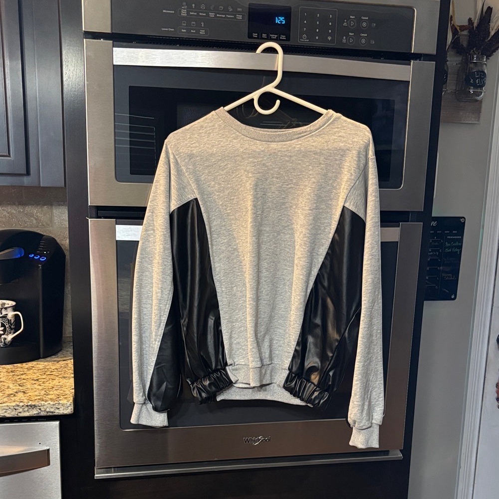 Gray and Black Sweatshirt with Faux Leather Accents